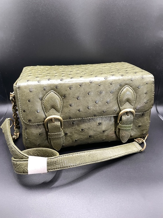 SMK Handbags - Vintage SMK Faux Ostrich Leather Olive Green Box Purse Handbag Cosmetic Case